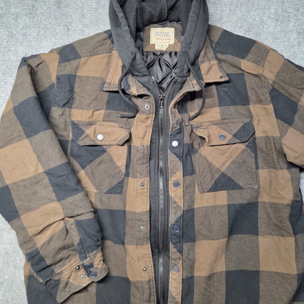 Boston Traders Mens XL Brown Buffalo Plaid Quilted Flannel Hooded Shirt Jacket